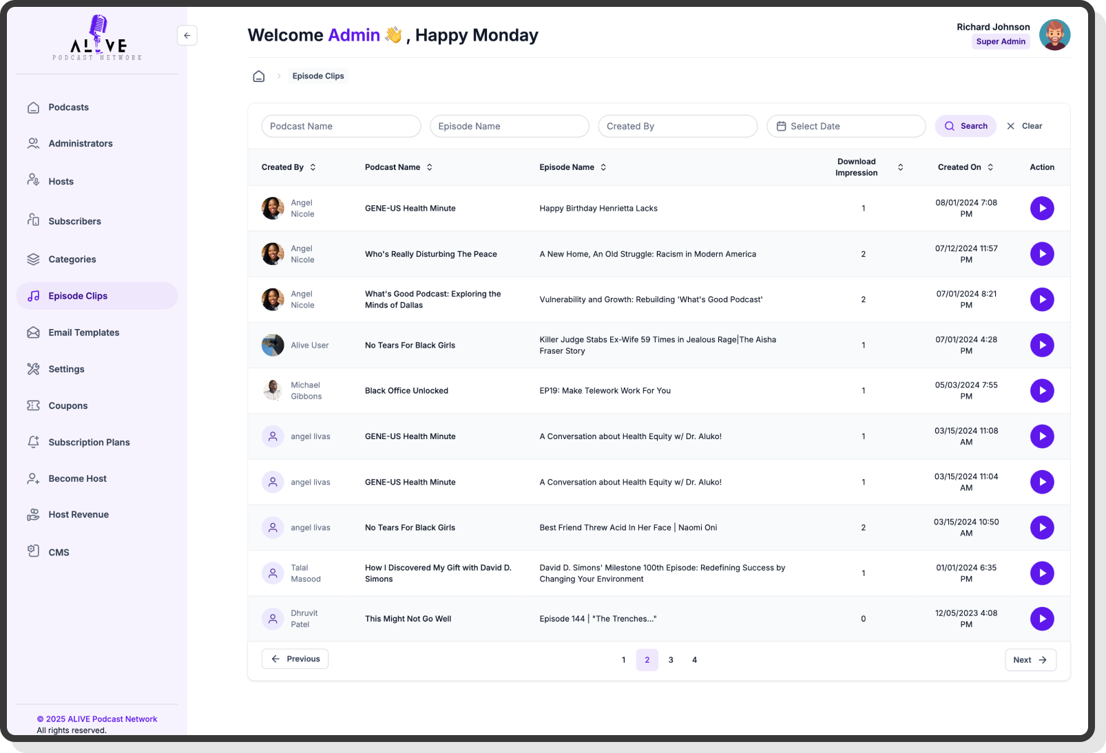 Podcast player screen showing playback controls and episode details