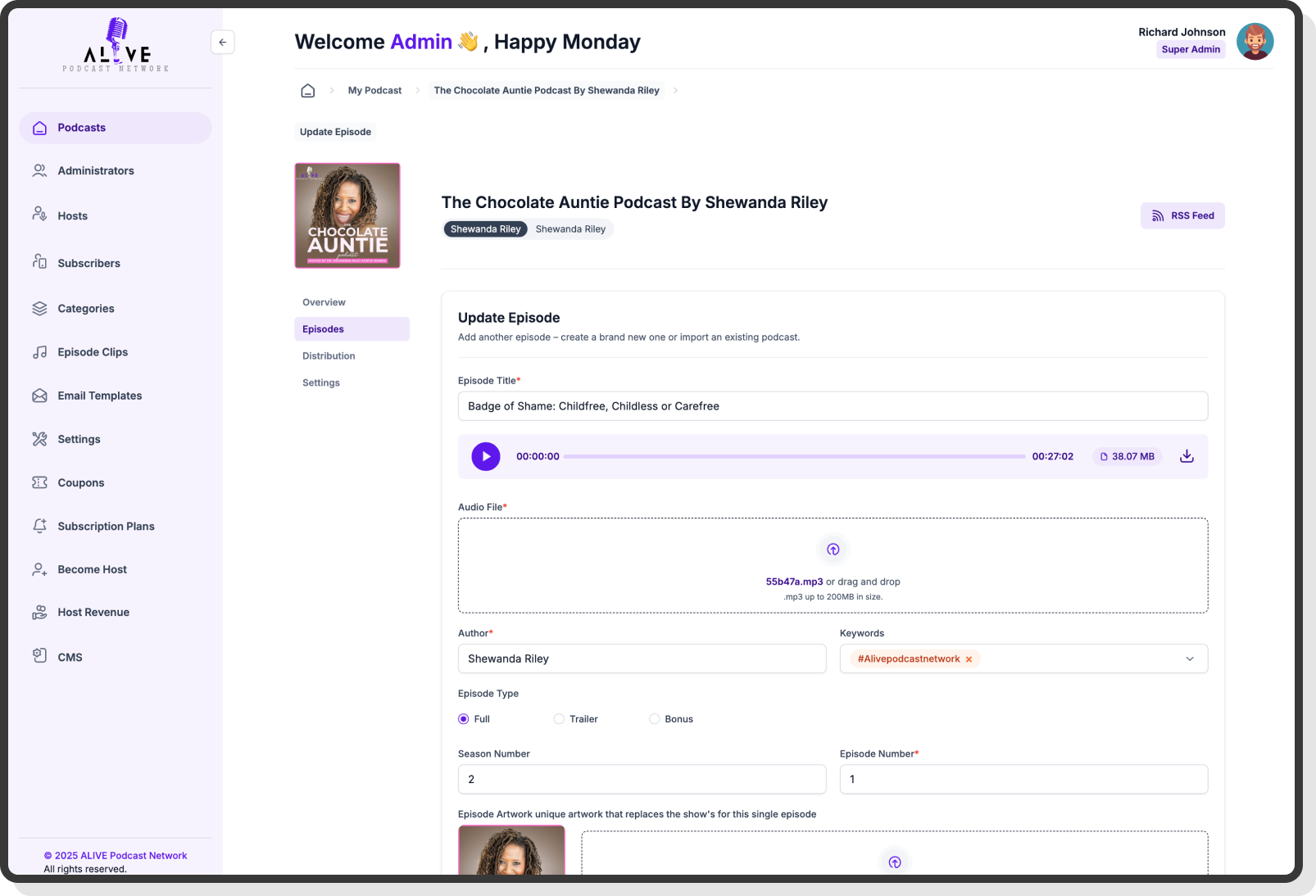 Profile page displaying guest speaker bio, photo, and social links