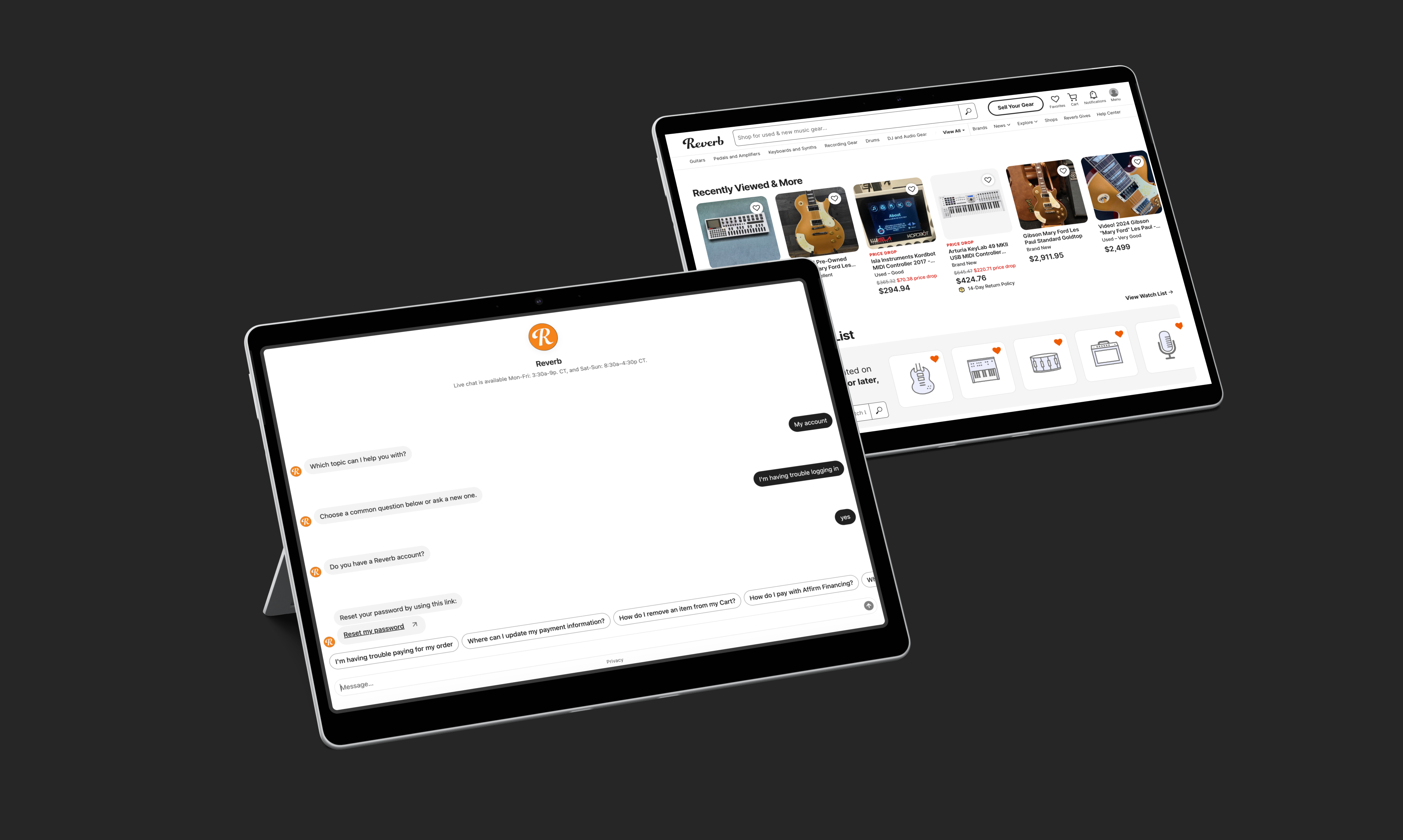 reverb tablet interface with customer chat and product listing