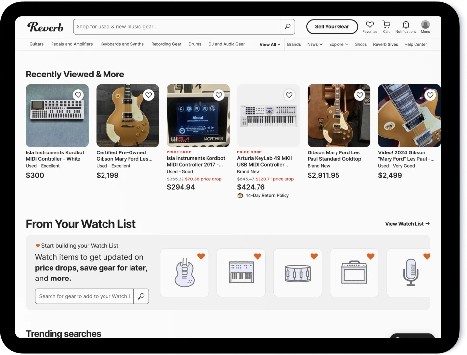 reverb marketplace interface showing music gear listings and watch list