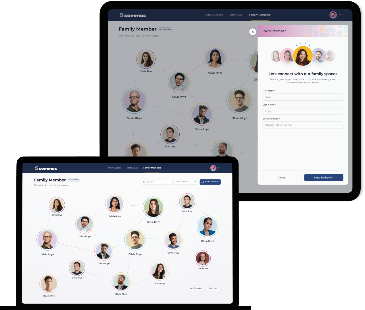 sommos app family member network and invite interface