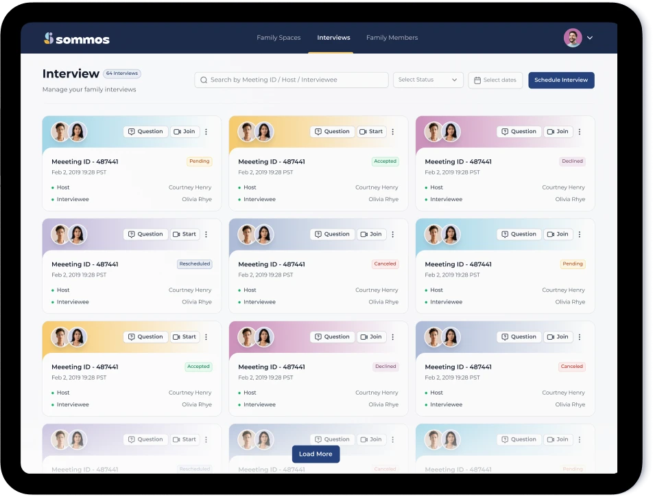 sommos interview scheduling and status dashboard interface