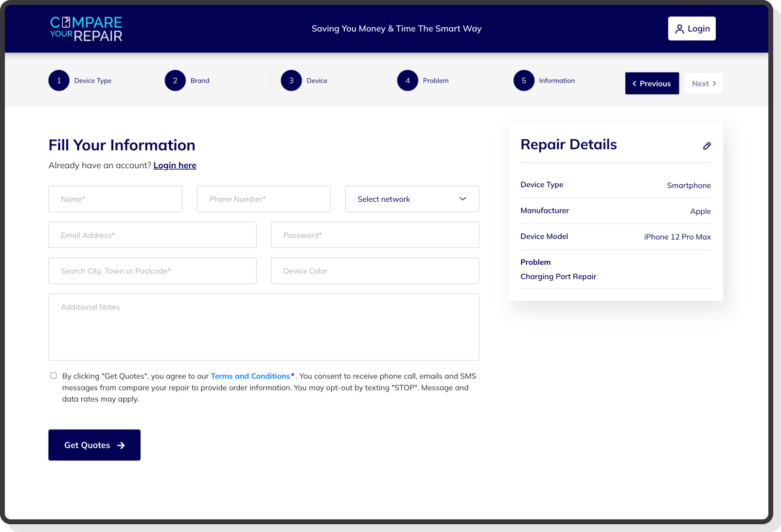Screen confirming booking details and garage appointment time