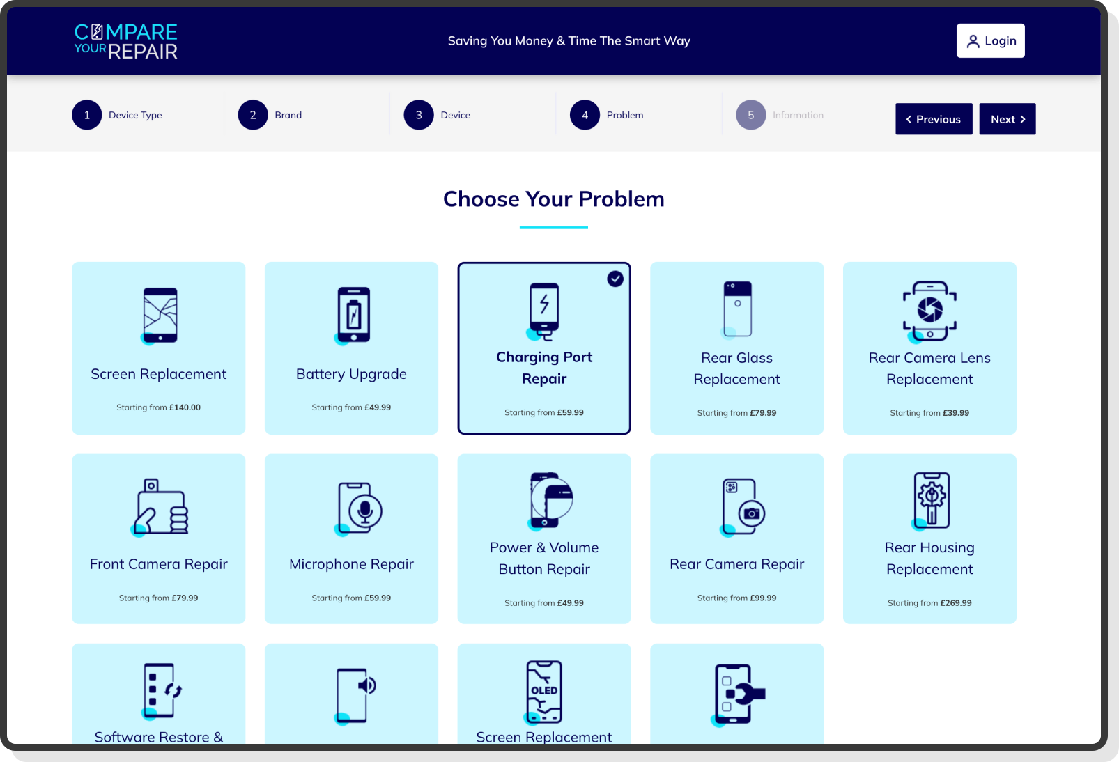 Homepage with option to get instant repair quotes and search bar