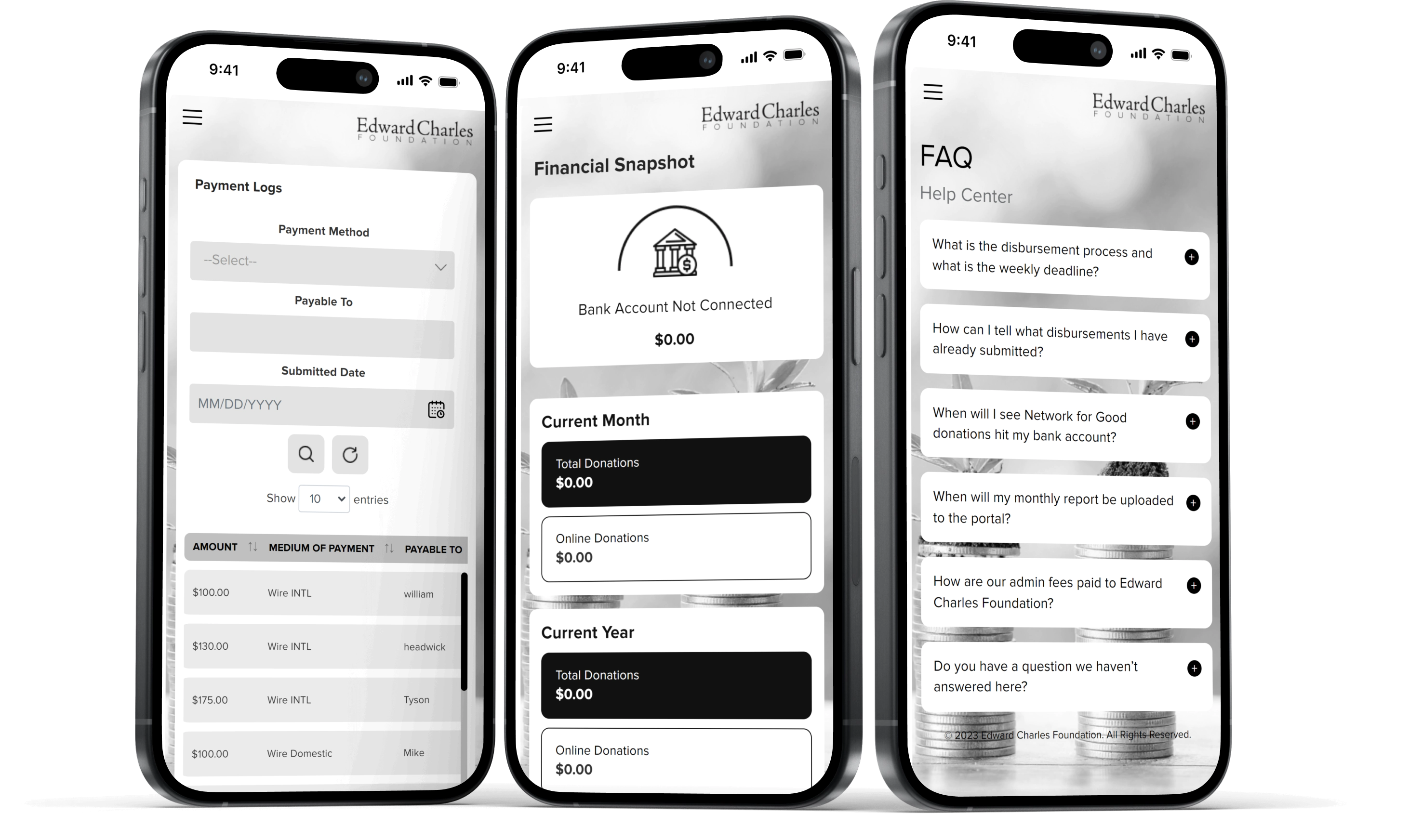 ECF mobile app payment logs snapshot and FAQ