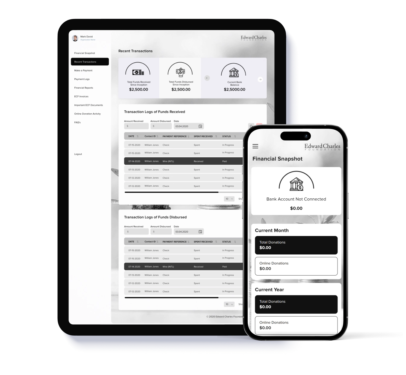 ECF transaction dashboard on tablet and financial snapshot mobile