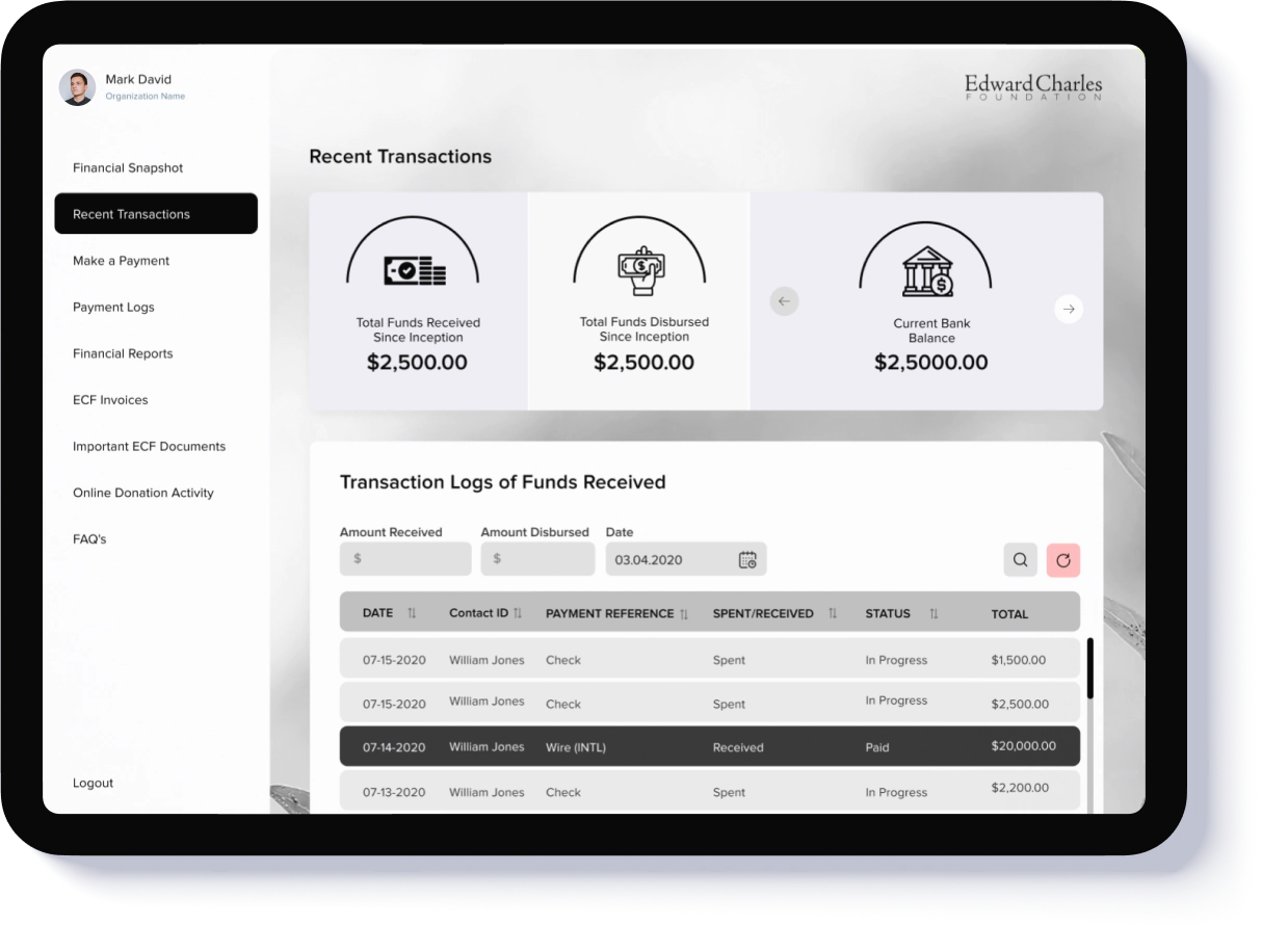 ECF recent transactions dashboard on tablet view