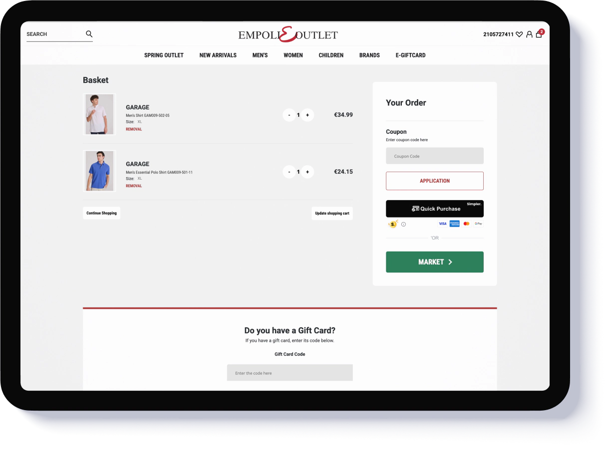 Empoli Outlet shopping cart page on tablet