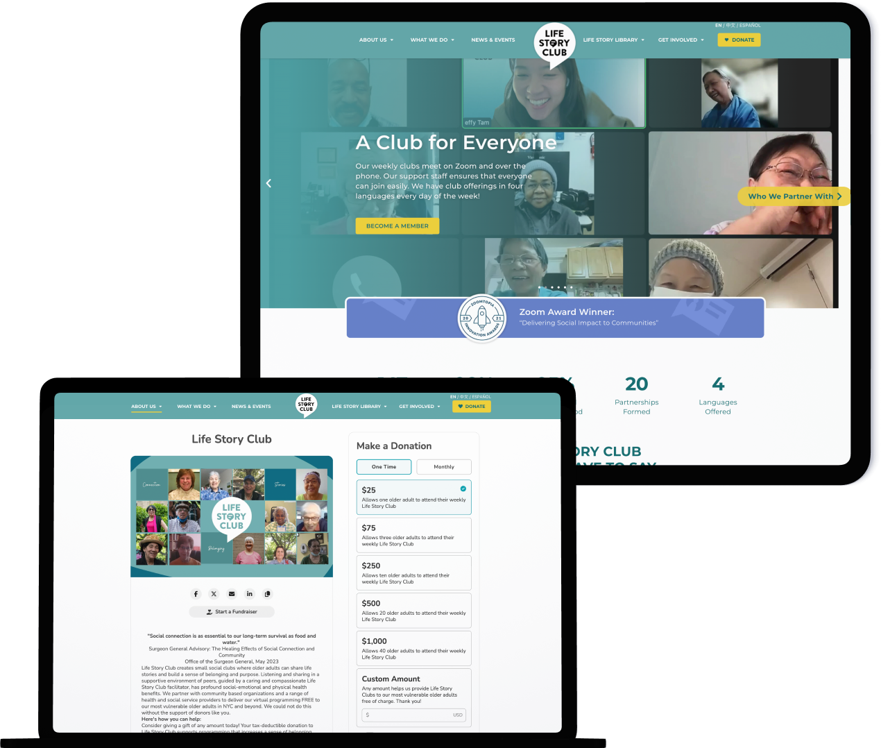 Life Story Club web platform interface for donations and member engagement by EvinceDev