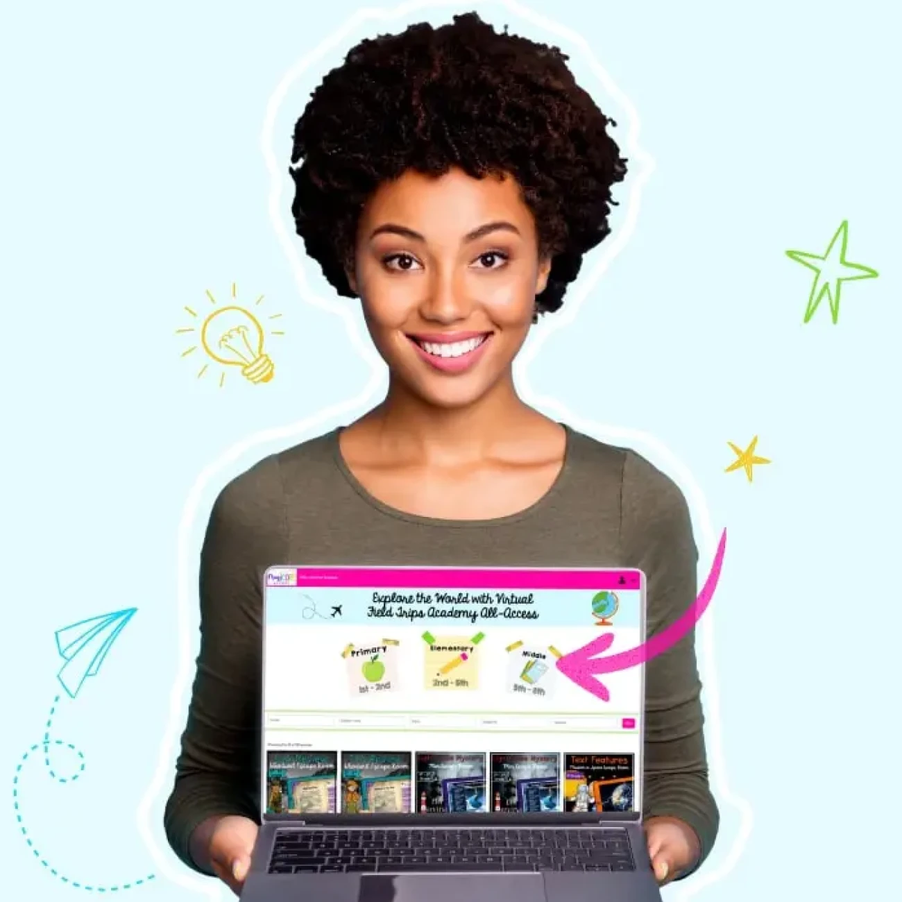 Smiling woman holding a laptop displaying Magicore – A gamified virtual learning platform for students