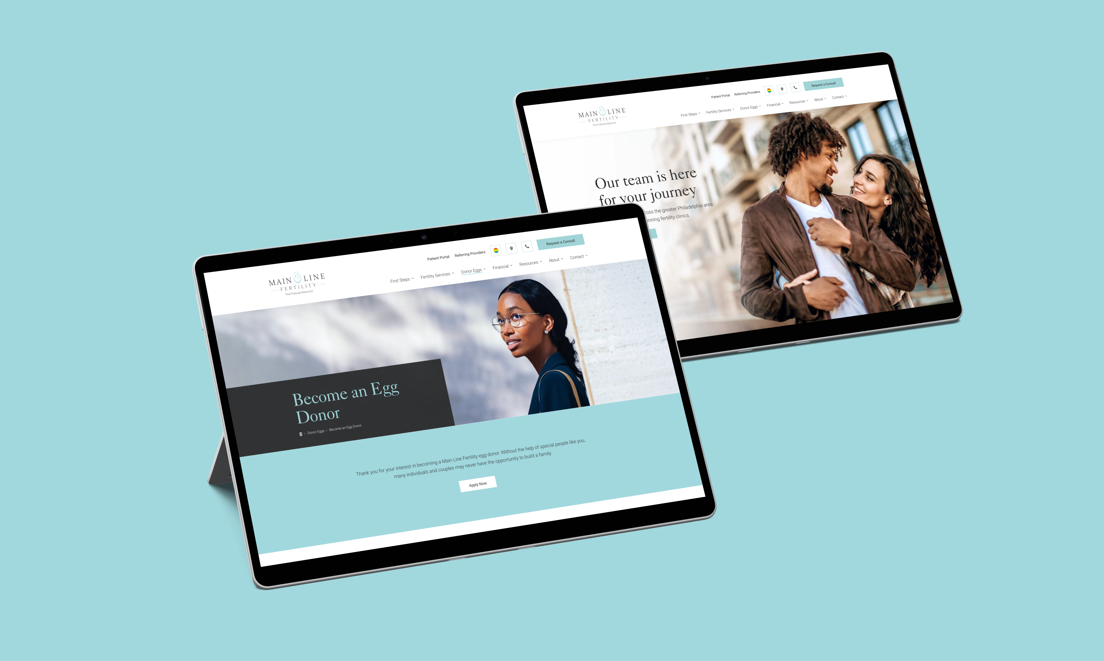 Main Line Fertility website screens showing egg donor and care journey