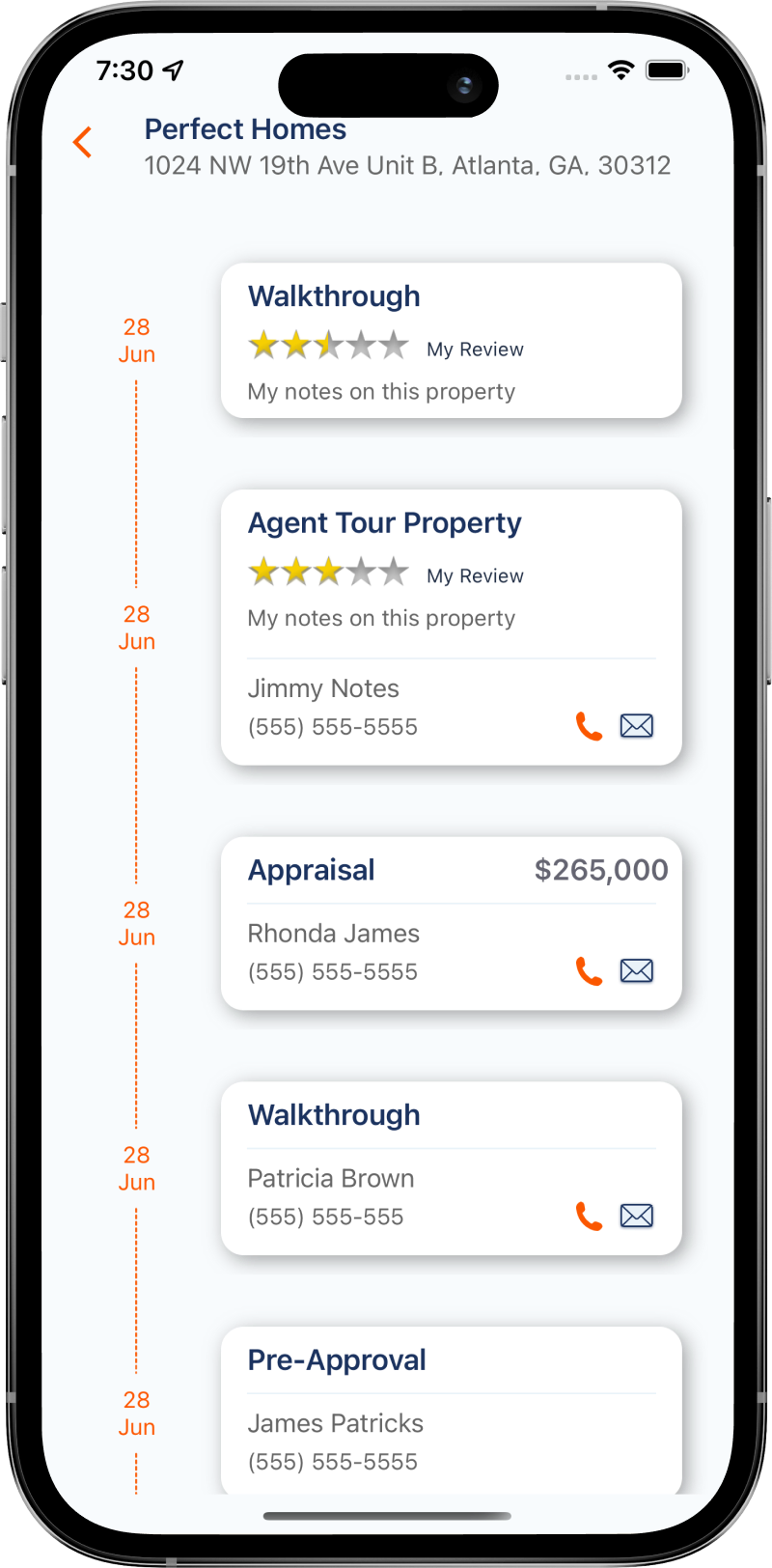 Real estate mobile app UI showing home tour, appraisal, and approval task timelineReal Estate Task Timeline Mobile UI 