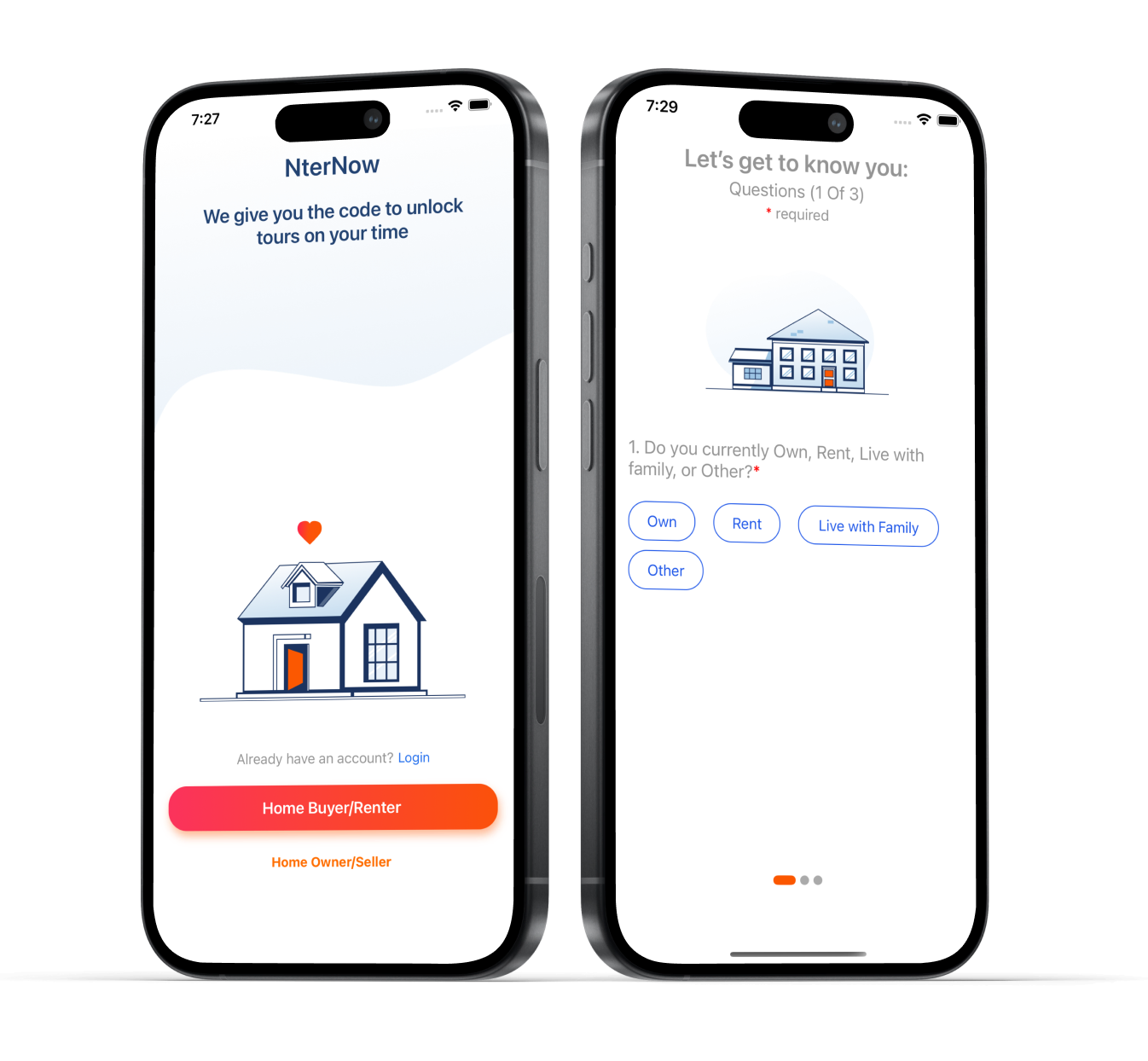 NterNow app UI for real estate tour access and user onboarding experience