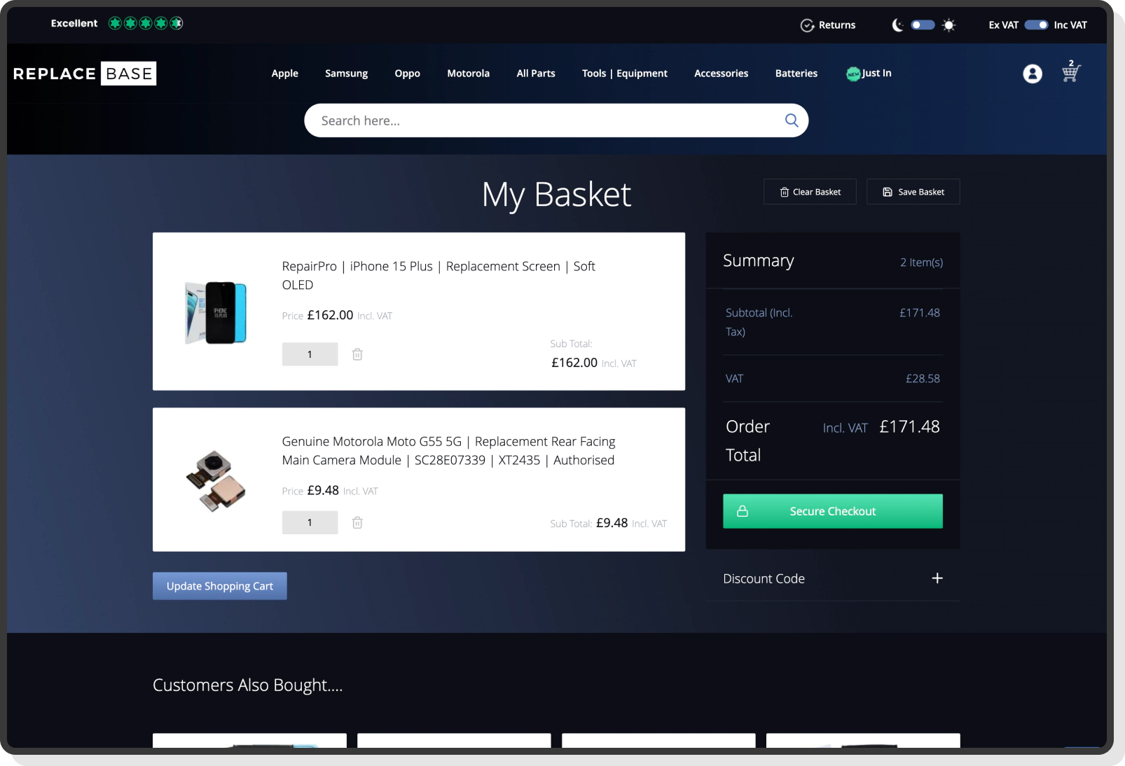 Mobile product page view with key features and add-to-cart button