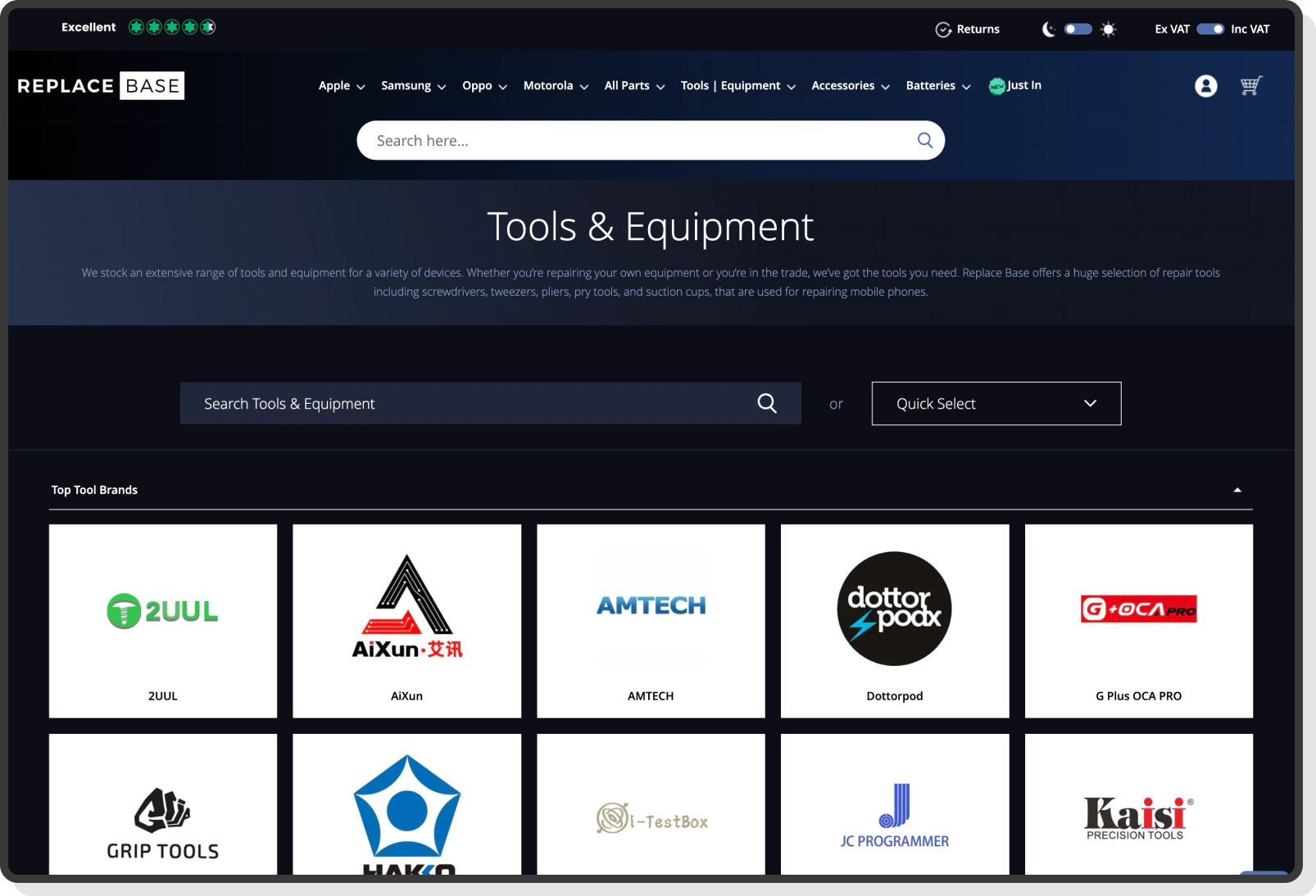 Category navigation page with filters for parts and device types