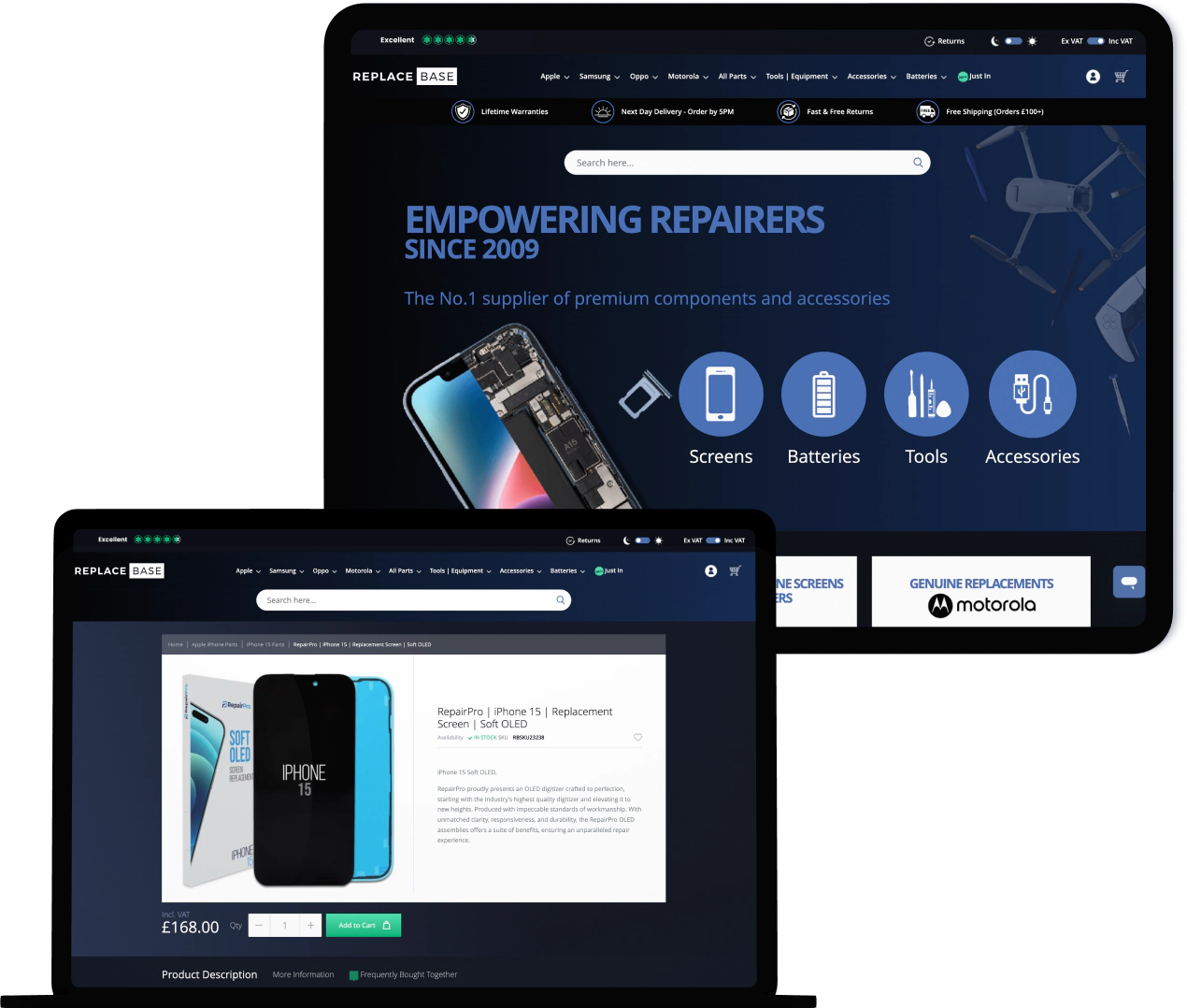 Replace Base website showing mobile parts and repair tools interface 