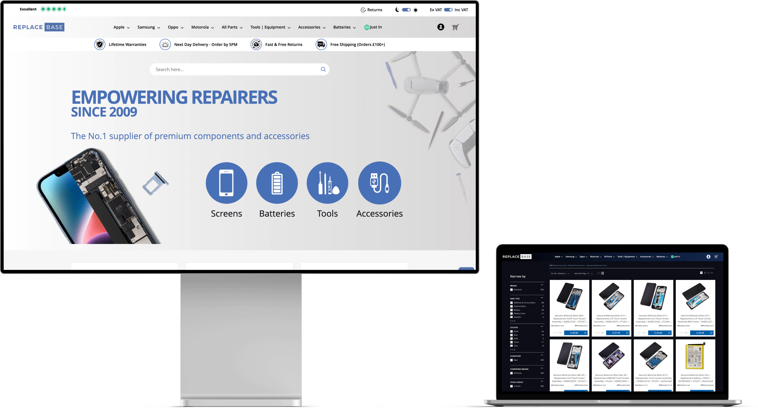 Replacebase repair parts website UI for mobile components and tools