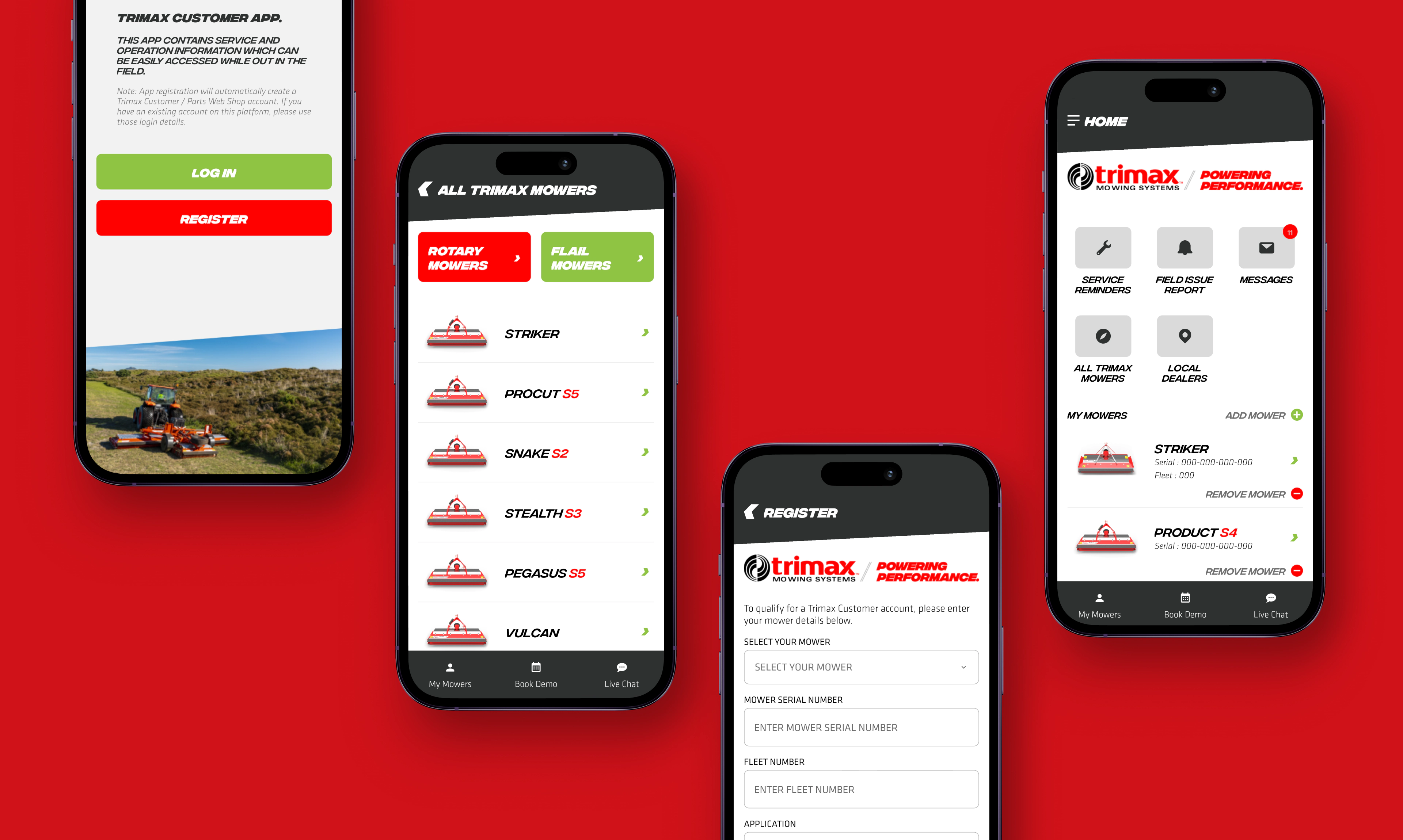 Visual layout of Trimax mower mobile app product representation