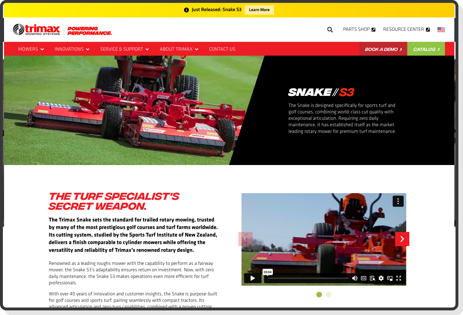 Desktop screen showing mower categories and navigation options