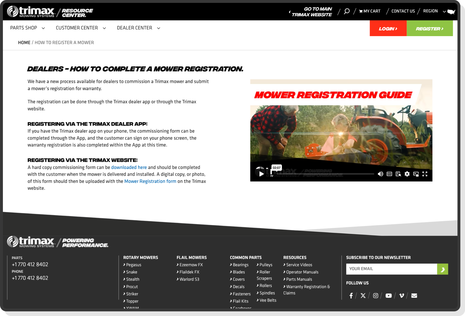 Desktop view of homepage banner with mower image and promotional text