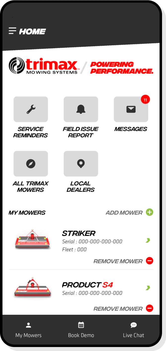 Navigation screen showing mower product categories and images