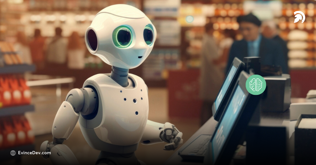 AI robot assisting at retail checkout counter with digital interface