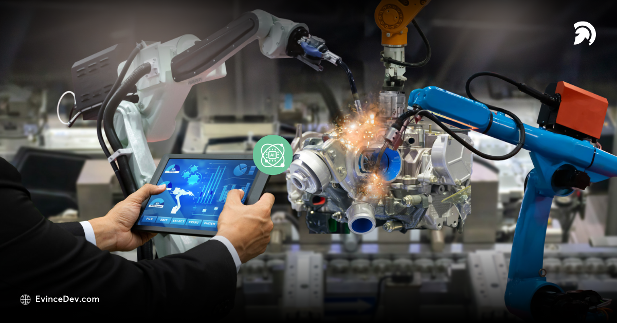 AI-powered robotic arms managing industrial manufacturing operations