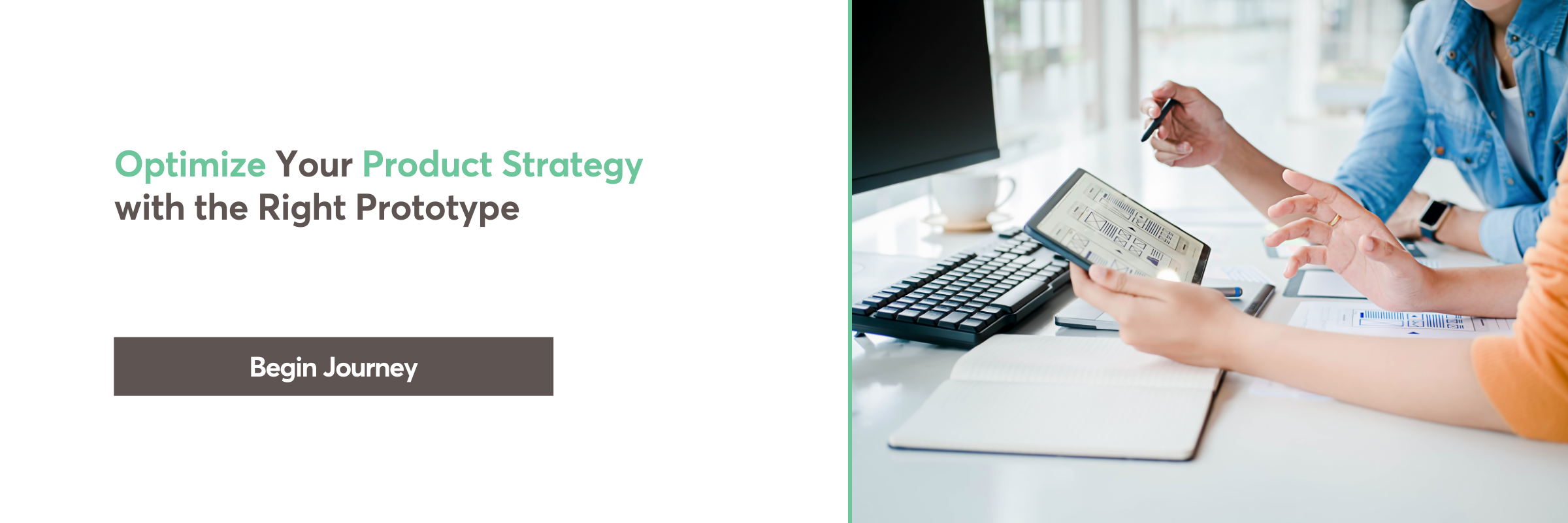 Team reviewing product prototype on tablet to refine strategy and UX Design