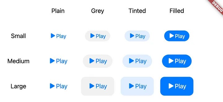 Flutter 3.27 Play button styles in plain, grey, tinted, and filled modes.