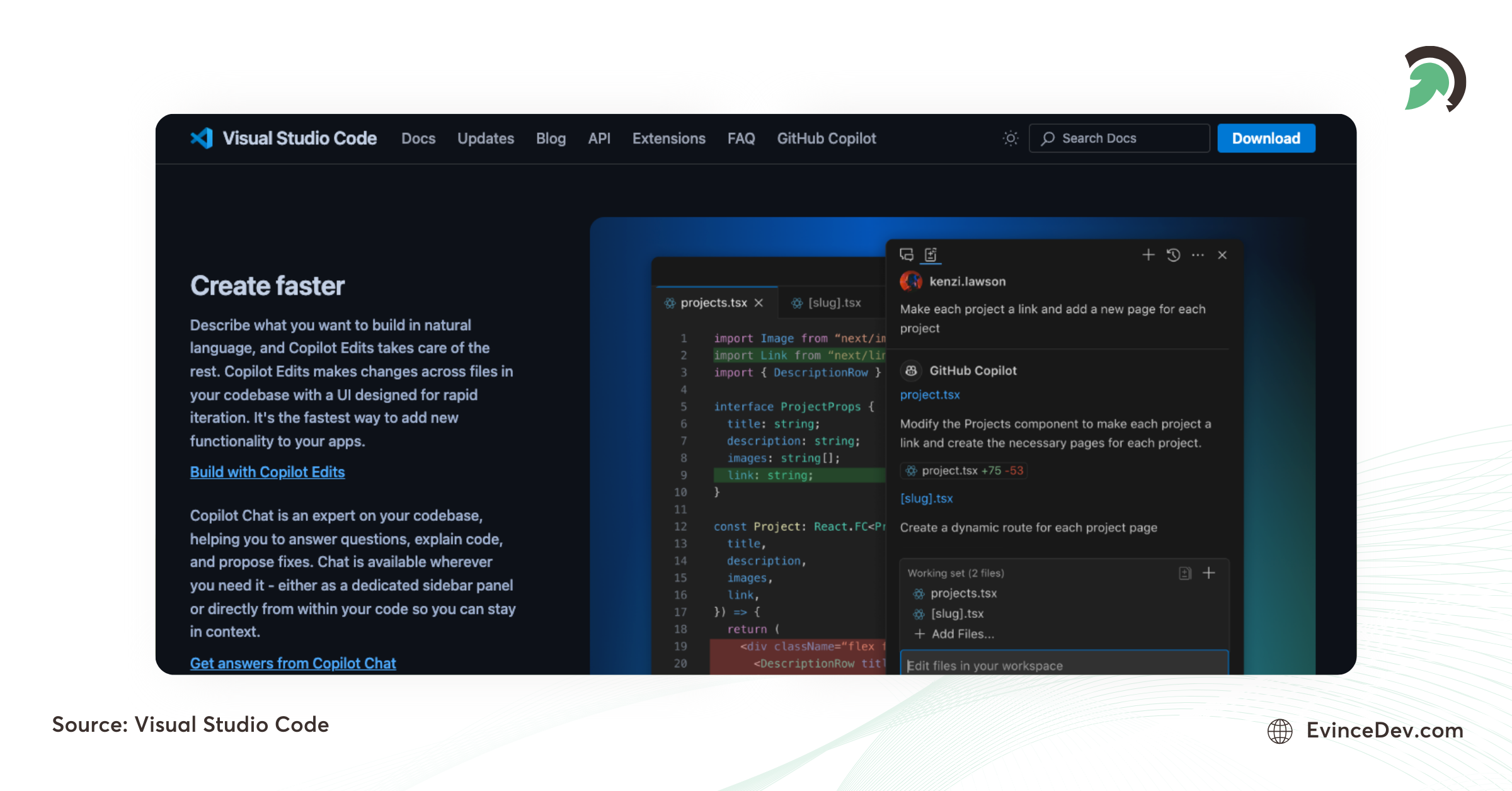 Visual Studio Code interface with GitHub Copilot for app development