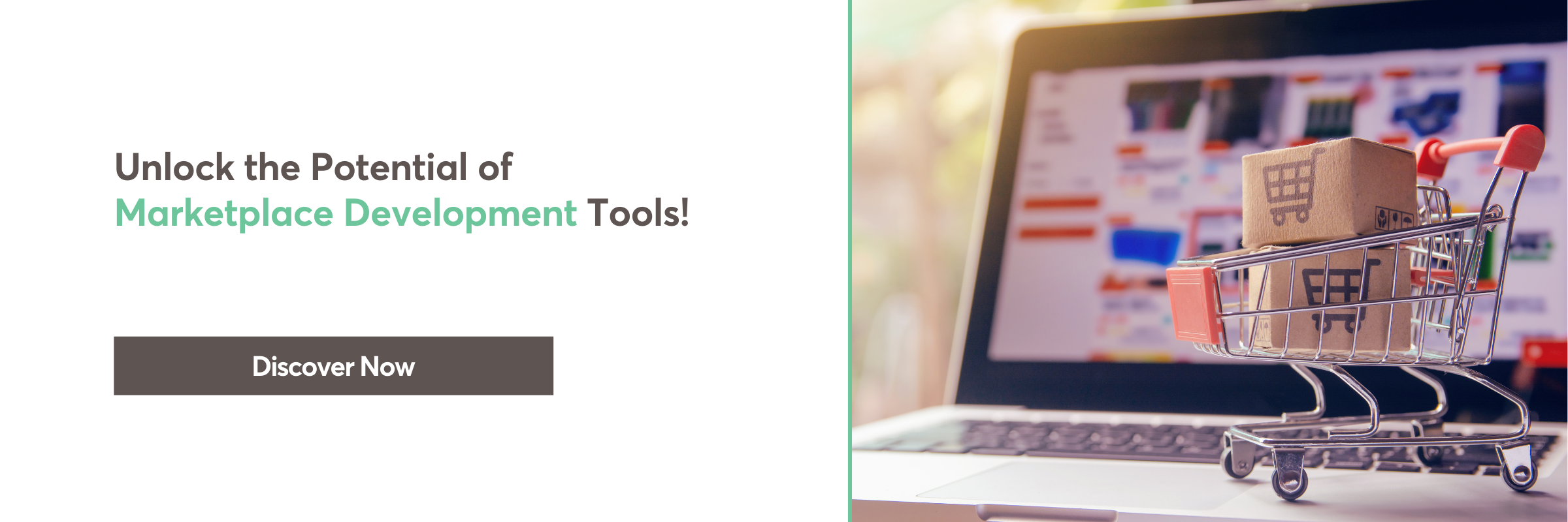 Shopping cart with packages in front of marketplace software development UI