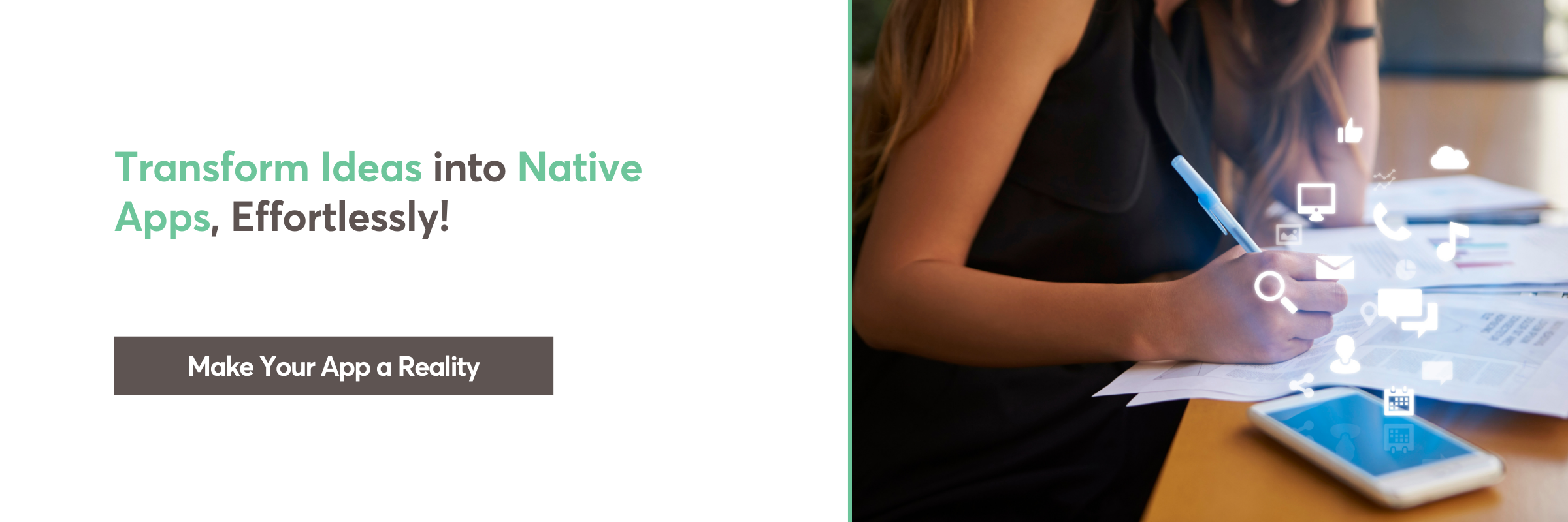 Woman writing app ideas with smartphone and digital icons in foreground.