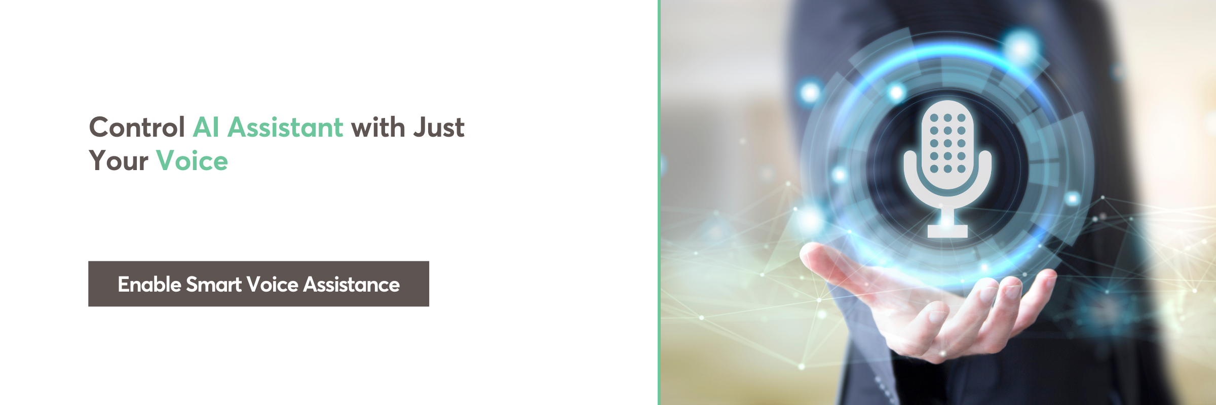 Hand holding holographic microphone icon representing AI voice assistant tech.