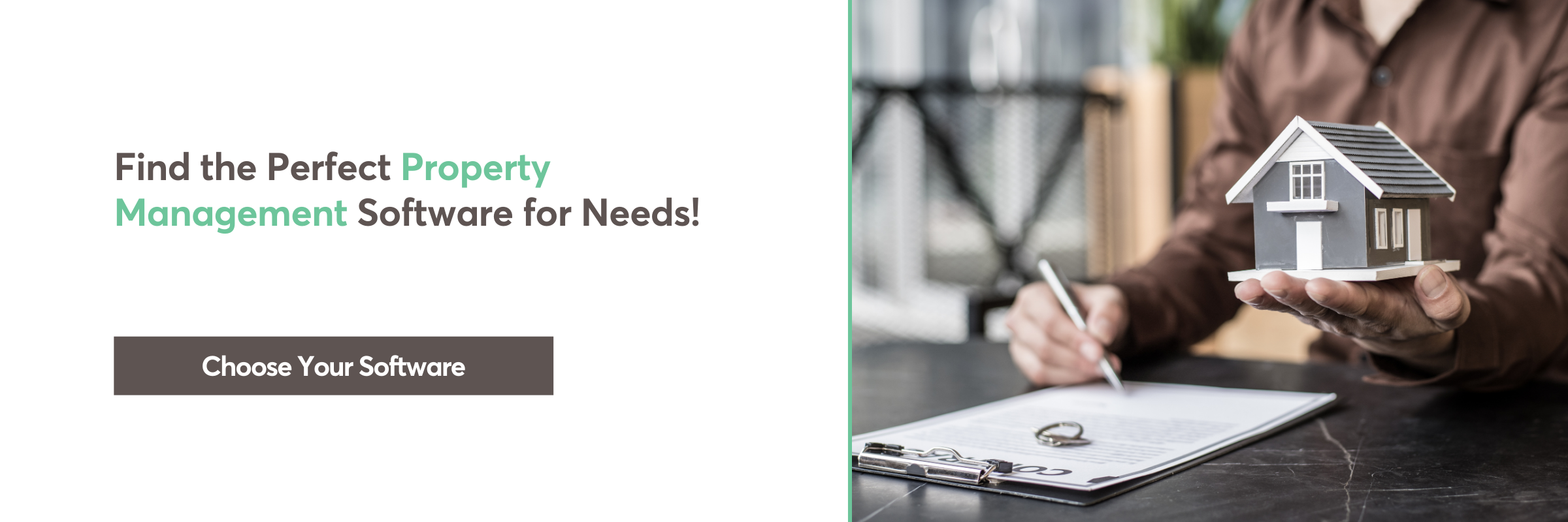 Person reviewing contract while holding a model house in one hand.