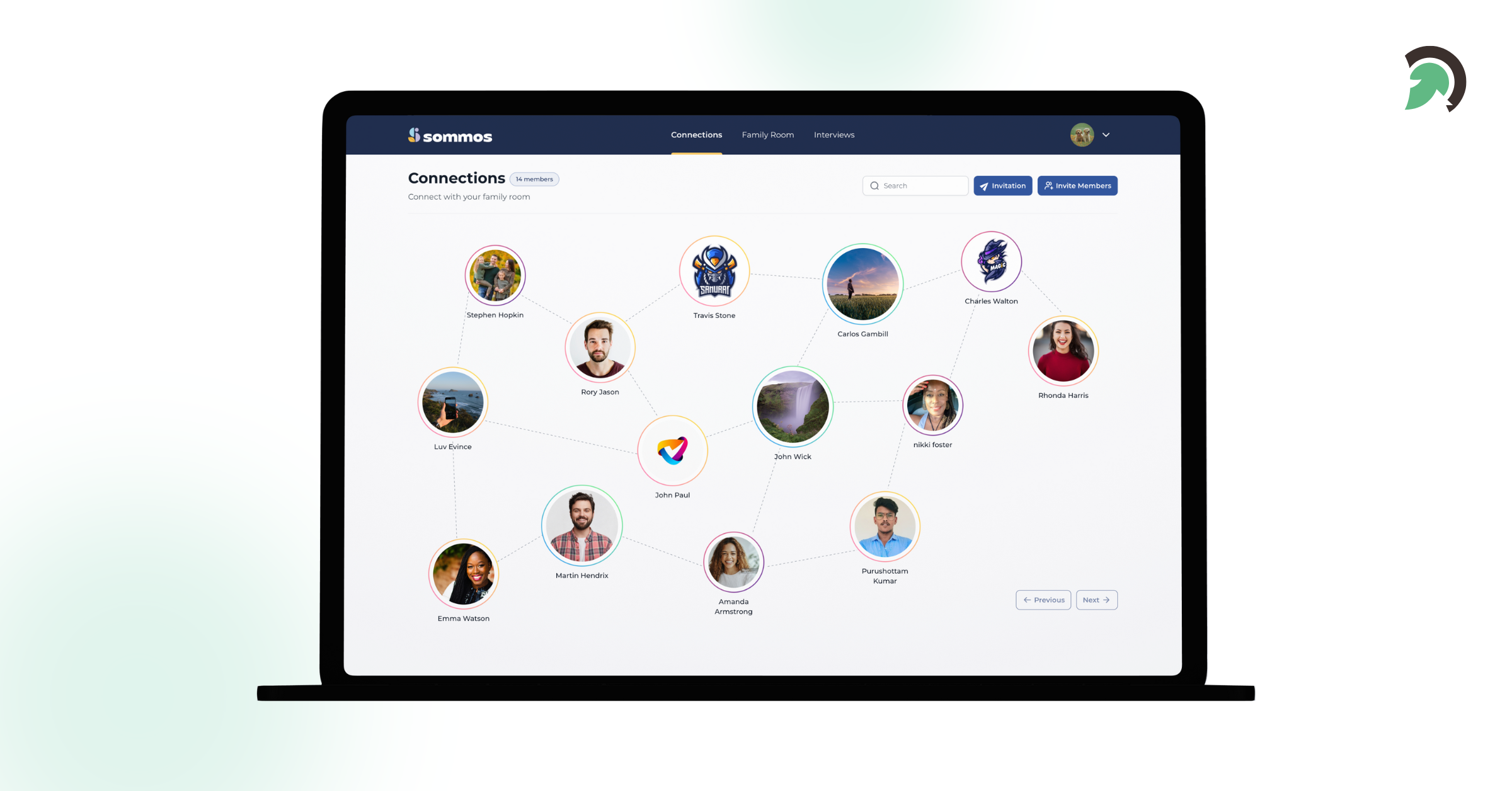 SOMMOS UI displayed on a laptop screen, showing an AI-powered family storytelling platform with a network of connected family members.